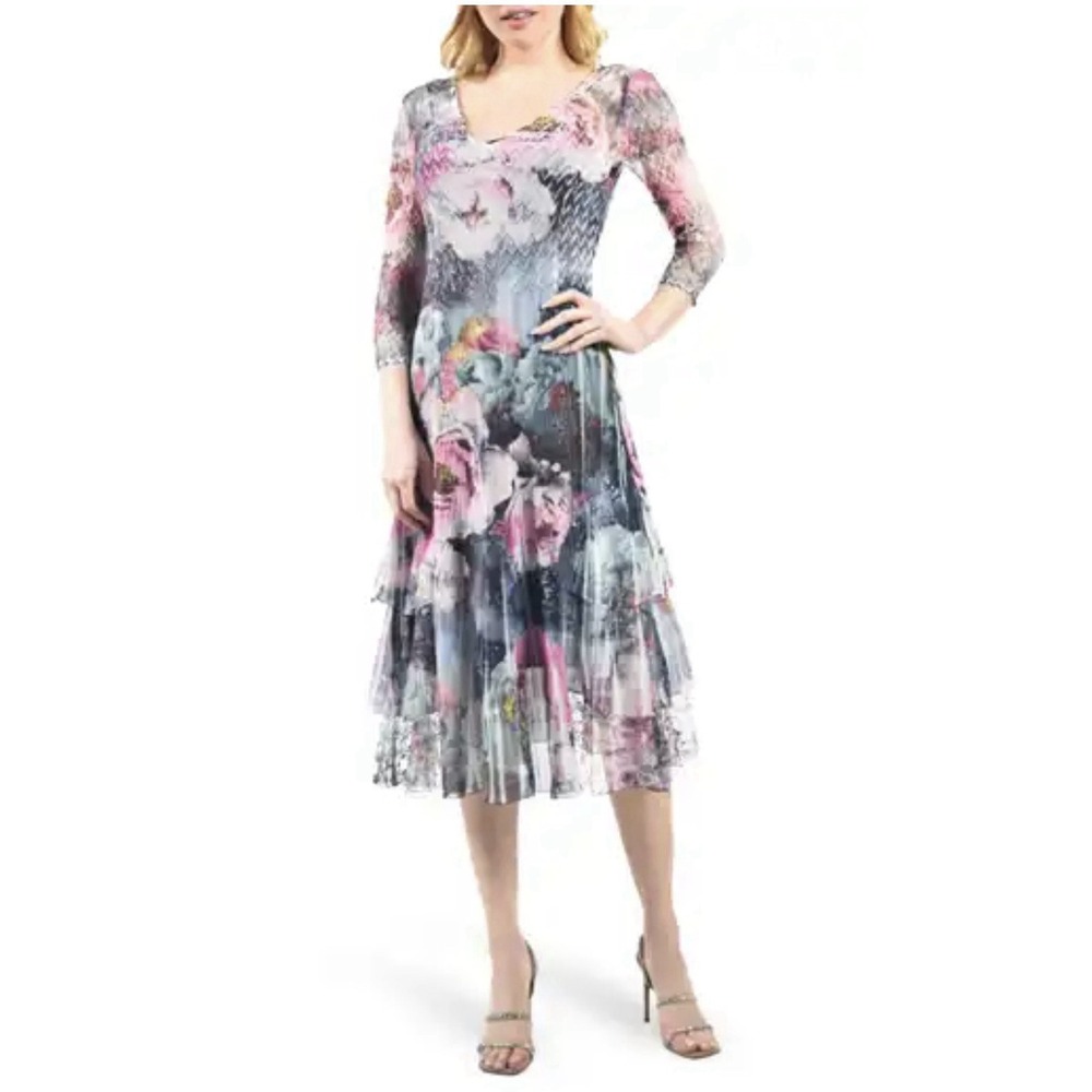 Komarov Floral Flutter Sleeve Cocktail Dress Rapture Rose New Midi Large